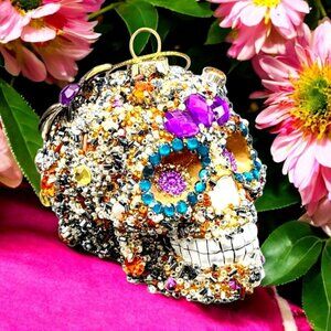 Sugar Skull Ornament Pier 1 Rhinestone Beaded Sequins Retired Halloween Gold v1